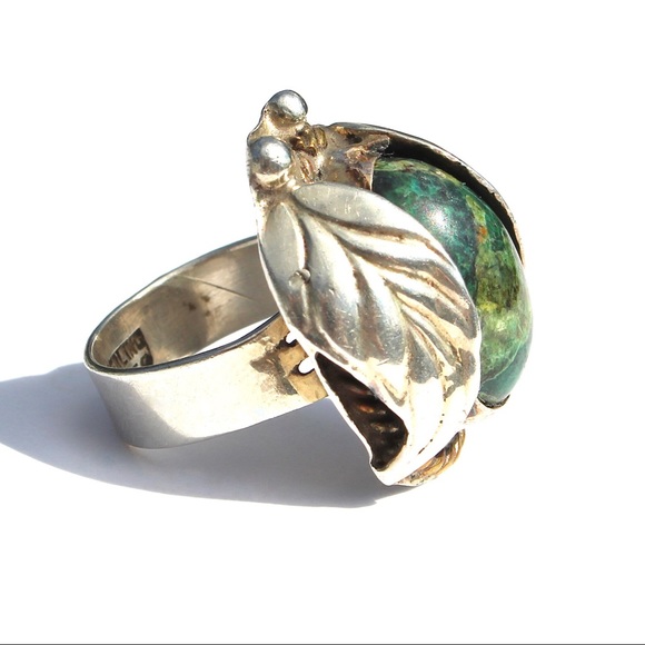 Vintage Green Chrysocolla Sterling Silver Leaf Statement Ring Size 5.5 Mexican - Picture 4 of 8